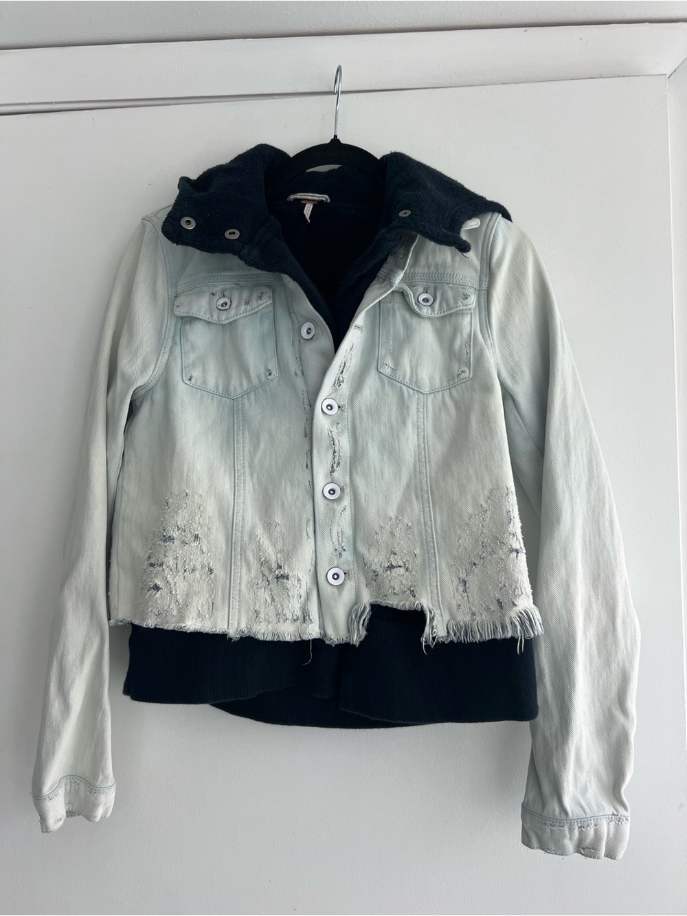 Free People Distressed Light Mint Denim Jacket with Navy Hood